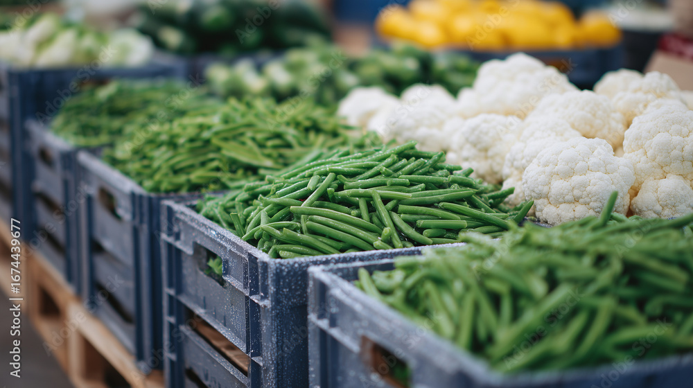 Poster Close-up of frozen vegetables and packaged goods arranged systematically on pallets, ambient light highlighting icy textures, empty space for text on side
