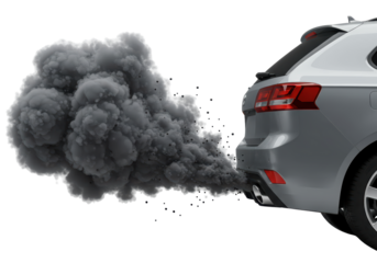 Isolated view of a car with billowing smoke coming from the exhaust pipe behind it