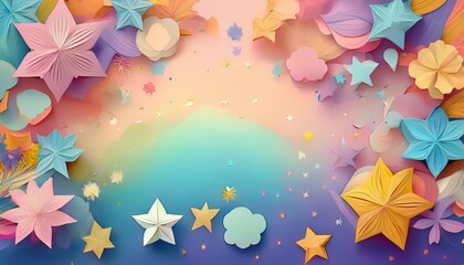 whimsical background with cheerful pastel colored shapes stars and flowers