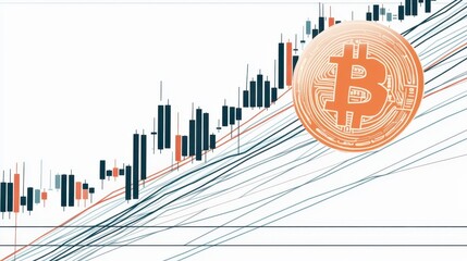 Bitcoin price chart showing upward trend with candlestick graph and coin overlay.