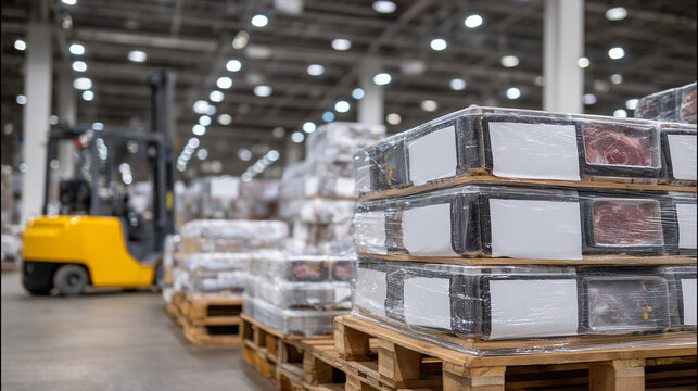 High-angle view of frozen meat packs and seafood in refrigerated warehouse, stacked on clean pallets, bright industrial lighting, generous negative space for text - Powered by Adobe