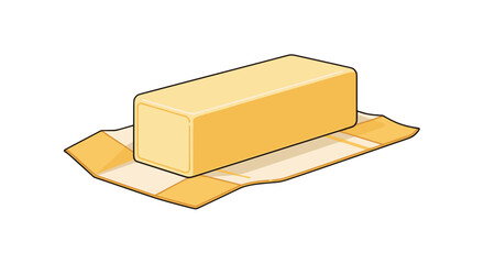 Illustration of a rectangular block of butter resting on its partially unwrapped paper wrapper artfully