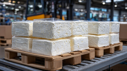 Frozen dairy products neatly stored on pallets in a bright, refrigerated facility, smooth organization with side space suitable for copy or branding