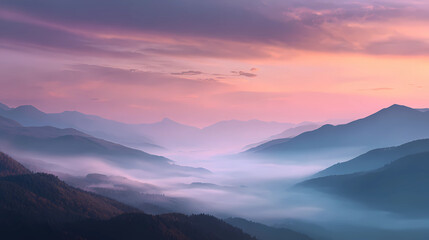 Tranquil Horizons: Softly Colored Mist Over Mountain Peaks