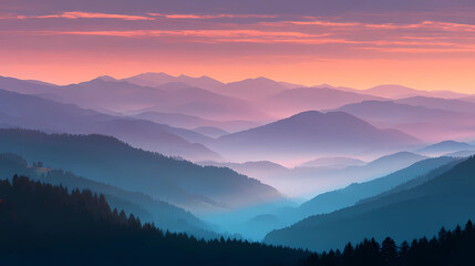 Pastel Morning: Misty Mountain Landscape at Sunrise