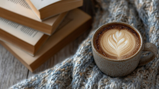 Overhead view of open book on a blanket, surrounded by scattered novels and a latte with latte art, warm tones and inviting textures, copy space on side for text