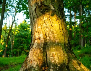 Obraz premium Sunlight highlights a weathered tree trunk in a forest