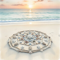 Coastal mandala made of shells and stones on sandy beach at sunset  