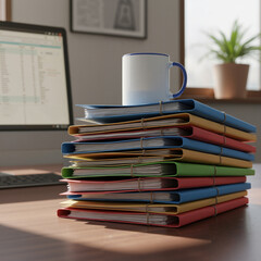 Fototapeta premium Bright folders with a mug on top, an organized workspace, a bright environment