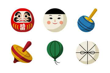 Japanese traditional toy icons, daruma kokeshi spinning tops and hand paddle, minimalist flat set for posters, stickers, vector clipart