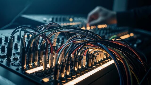 Dynamic view of illuminated patchbay ports with cables plugged in highlighting workflow during a live sound mixing session.