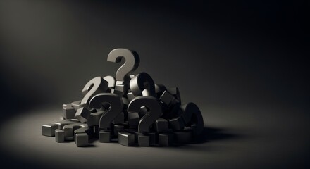 Pile of metal question marks symbolizing confusion, doubt, and the search for answers.