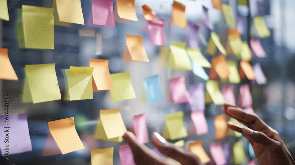 Poster a person is writing on a wall with colorful sticky notes. the notes are arranged in a rainbow patter