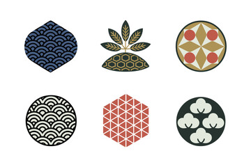 Japanese pattern circles collection, seigaiha wave asanoha hemp shippo lattice, geometric motif icons, vector design