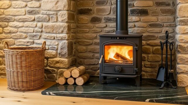 A cozy log burner stove with a basket of logs and fireplace tools sits against a stone wall, creating a warm and inviting atmosphere
