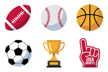 Fototapeta premium USA sports icon set, football soccer ball baseball basketball, trophy cup foam finger badge, bold vector graphics, fan merchandise design