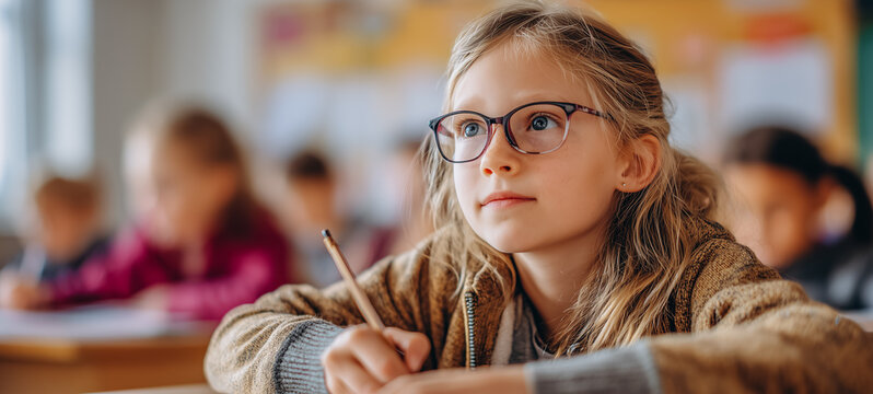 back to school Young girl with glasses is attentively listening in a classroom, surrounded by classmates, showcasing the learning environment and engagement