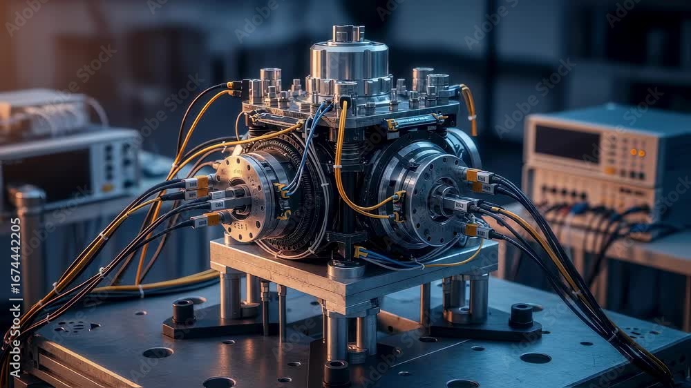 Poster isolated evtol rotorhub installed on a staticload test frame surrounded by cables and instrumentatio