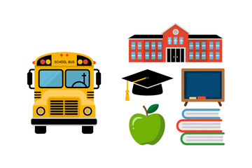 School transport and campus icons, big yellow bus front view, graduation mortarboard, apple, books, chalkboard, academic learning vector