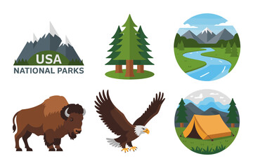 American wilderness icon set, snow capped mountains, forest pines, winding river, camping tent, bison herd, eagle, travel nature vector