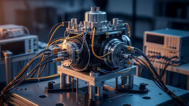 Isolated eVTOL rotorhub installed on a staticload test frame surrounded by cables and instrumentation for stress analysis in aerospace research.
