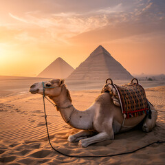 Camel resting on sandy terrain in front of the iconic Pyramids of Giza