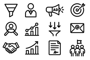 Set of 12 black sales and business icons in flat vector style with white background, perfect for marketing apps, CRM dashboards, and sales strategy tools.