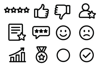 Collection of 12 black feedback and experience icons in flat vector style with white background, ideal for apps, reviews, and customer satisfaction tools.
