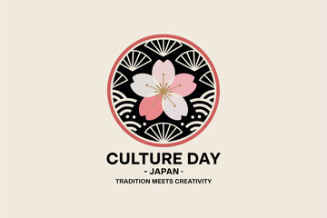 Culture Day Japan emblem with sakura flower bouquet inside round frame, elegant pattern accents, traditional celebration label, editable vector template