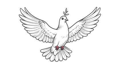 Obraz premium A line drawing of a white dove with outstretched wings and a twig in its head