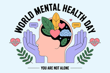 Obraz premium World Mental Health Day design with profile head leaves heart and stars, friendly reminder you are not alone, vector