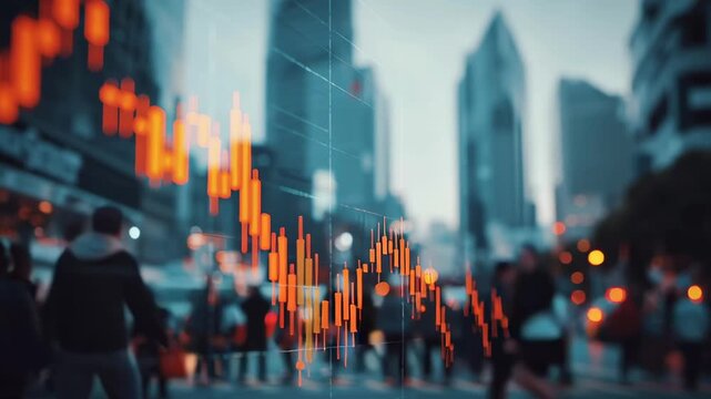 A graph of stock prices is shown with a city in the background. The graph is in orange and the city is in blue. Scene is one of financial uncertainty
