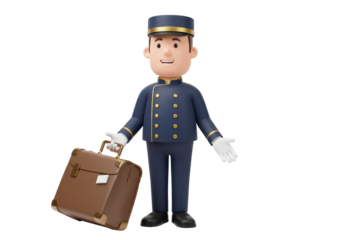 Isolated hotel bellhop character carrying suitcase, standing with an open hand