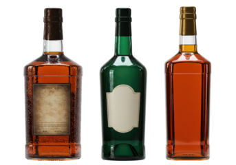 Isolated arrangement of vintage bottles with retro labels filled with dark liquor spirits