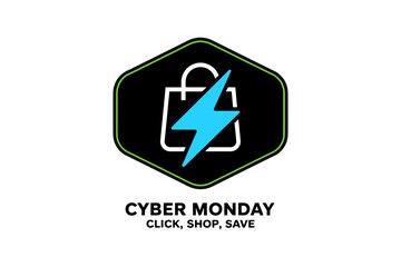 Cyber Monday emblem, shopping bag with bolt, modern sale label, click shop save vector