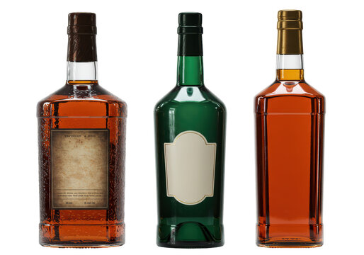 Isolated arrangement of vintage bottles with retro labels filled with dark liquor spirits