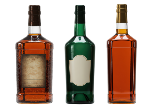 Isolated arrangement of vintage bottles with retro labels filled with dark liquor spirits