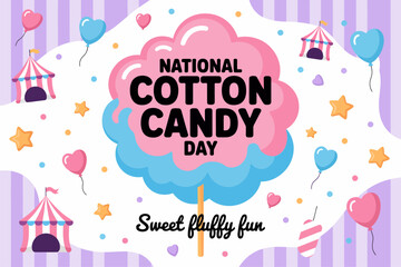 National cotton candy day design on striped background, pink candy cloud with sprinkles, playful fairground theme vector illustration