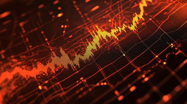 Abstract stock market graph showing fluctuating data in red and orange.