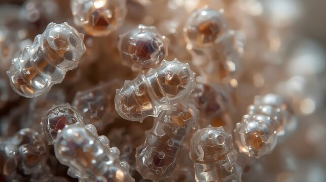 An extreme macro shot captures a cluster of translucent, pill-like pods with intricate, segmented structures and subtle golden interiors