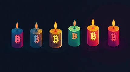 Six colorful candles with Bitcoin symbol, burning brightly against dark background.