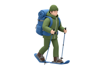 Isolated hiker using snowshoes and poles, a cartoon 3D rendering for cold winter travel