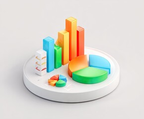 Colorful 3D bar and pie charts arranged on a white circular platform