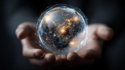 Hands hold a glowing globe displaying a global network, symbolizing connectivity, technology, communication, and the interconnected digital world.