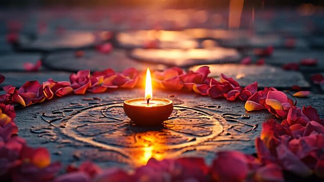 A low angle static shot of a candle surrounded by rose petals on a stone pavement at sunset.