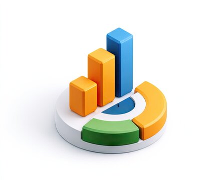 3D graphic of a bar and pie chart.  A colorful, isometric representation of data visualization