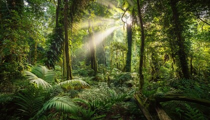 Fototapeta premium lush tropical rainforest with dappled sunlight
