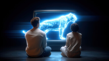 Glowing CRT television displays holographic image of large cat, captivating two viewers seated on floor. scene evokes sense of wonder and imagination