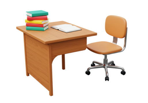Isolated wooden student desk with books and open notebook with chair for studying or working