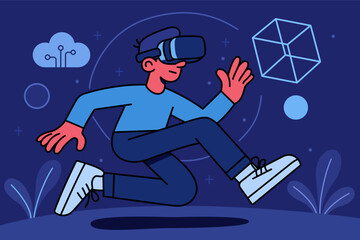 Man wearing VR headset interacting with virtual globe and icons, immersive tech.